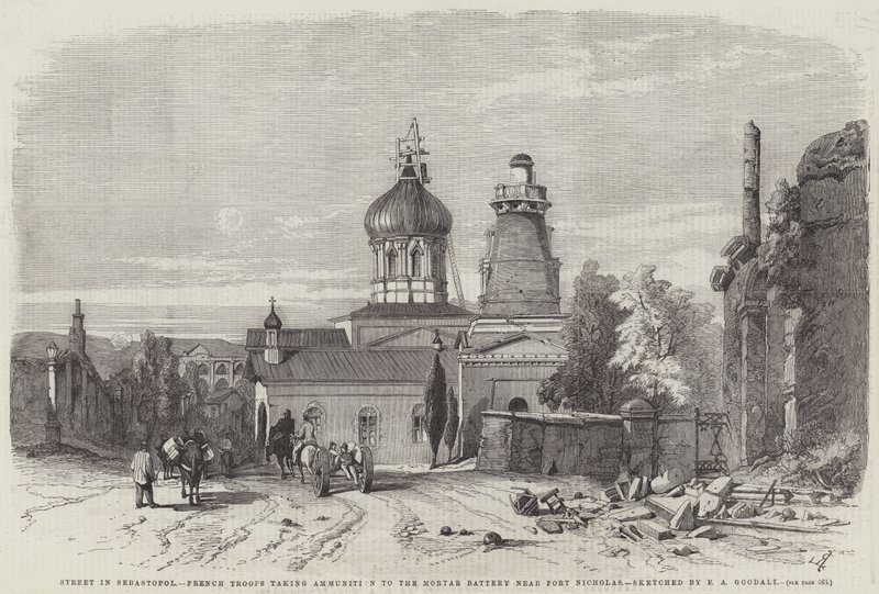 Gate i Sebastopol, franske tropper som tar ammunisjon til morterbatteriet nær Fort Nicholas av Edward Angelo Goodall