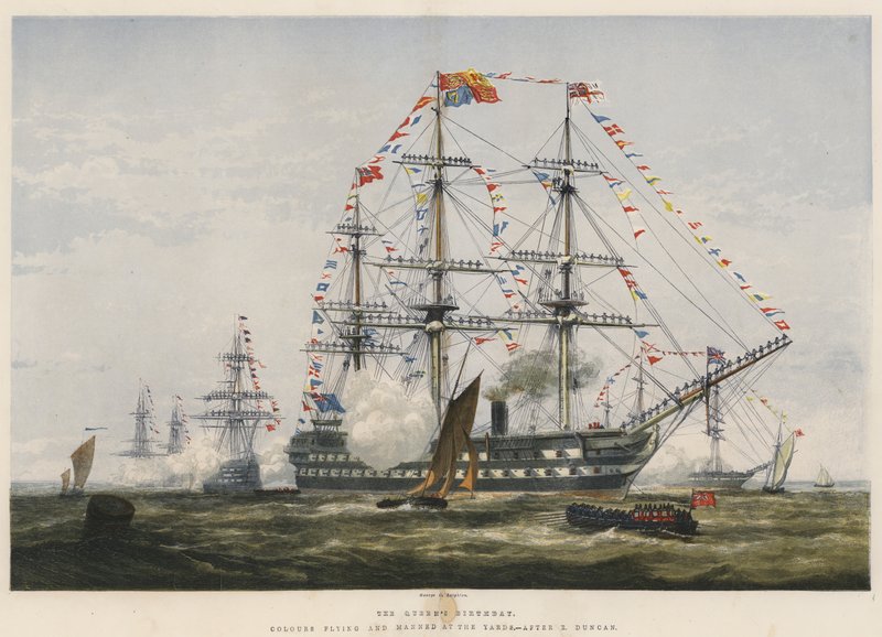 Dronningens bursdag, farger som flyr og bemannet på Yards (chromolitho) av Edward Duncan