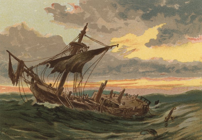 Solnedgang til sjøs, Det forlatte skipet av Edward Duncan