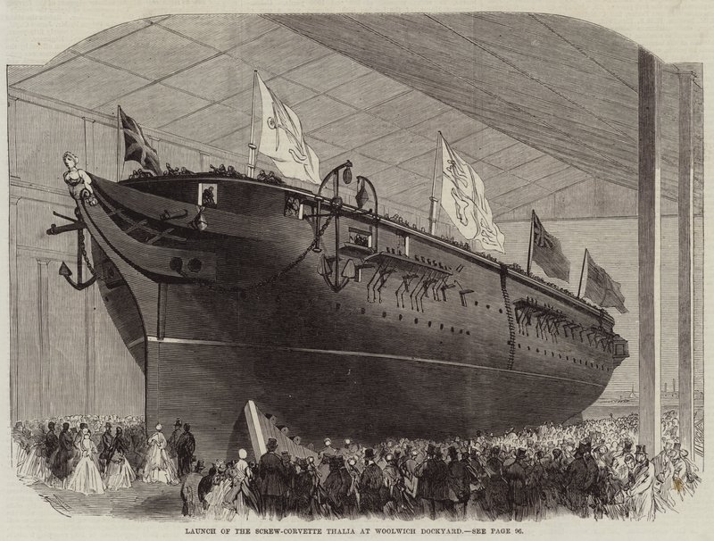 Lansering av Screw-Corvette Thalia på Woolwich Dockyard av Edwin Weedon