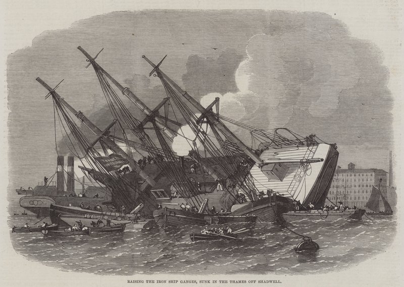 Heving av jernskipet Ganges, senket i Themsen utenfor Shadwell av Edwin Weedon