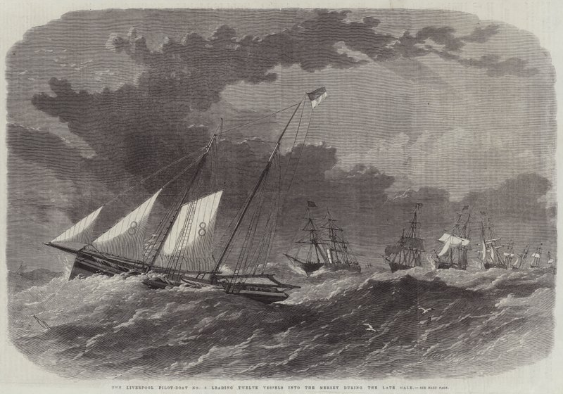 Liverpool Pilot-Boat No 8, som fører tolv fartøy inn i Mersey under Late Gale av Edwin Weedon