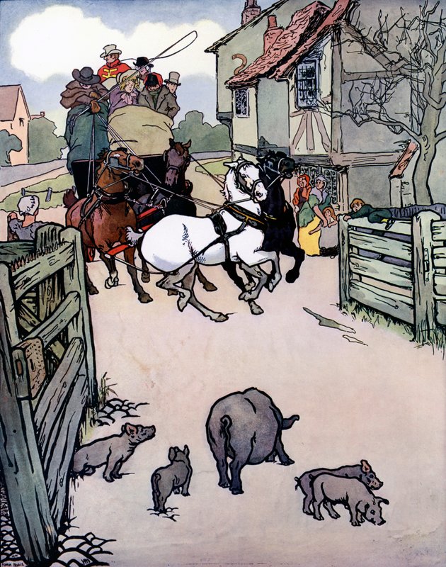 Problemer ved svingen (farge litho) av Edwin Noble