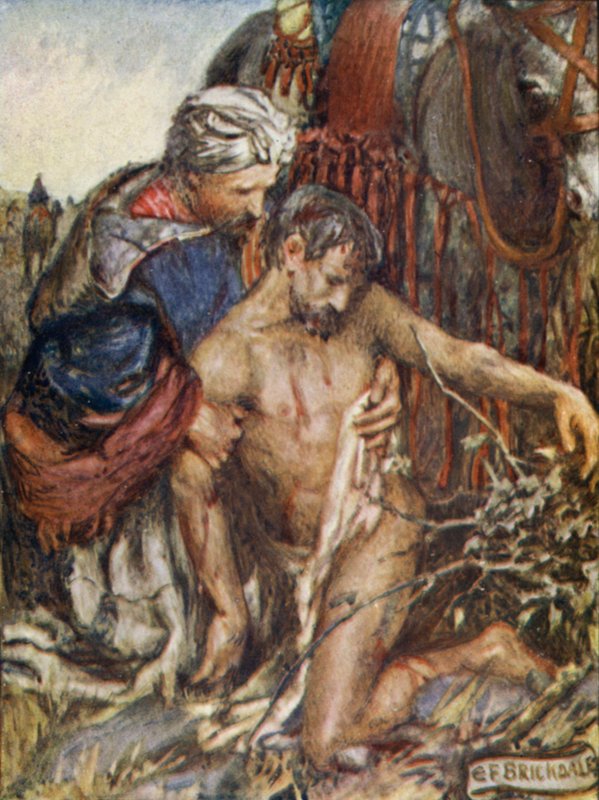 Den barmhjertige samaritan (farge litho) av Eleanor Fortescue Brickdale