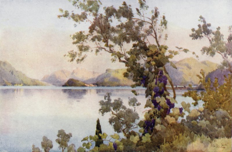 Kveld, Comosjøen (farge litho) av Ella Du Cane