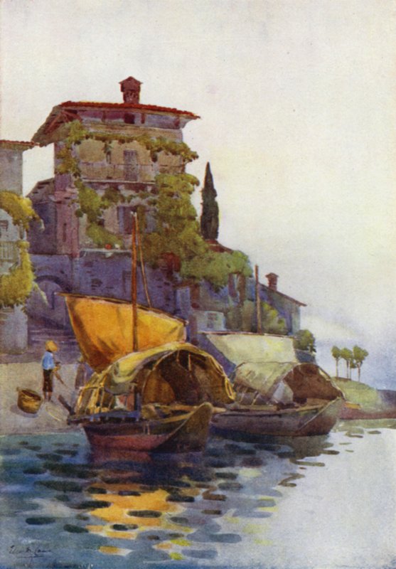 Fiskebåter (farge litho) av Ella Du Cane