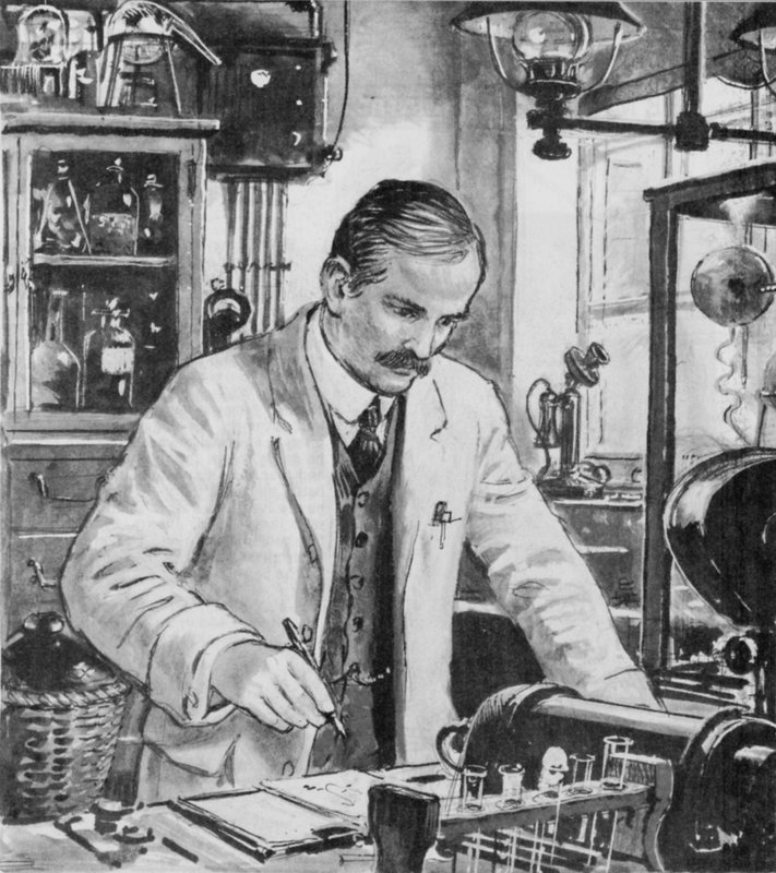 Ernest Rutherford, på jobb i laboratoriet hans i Cambridge av English School