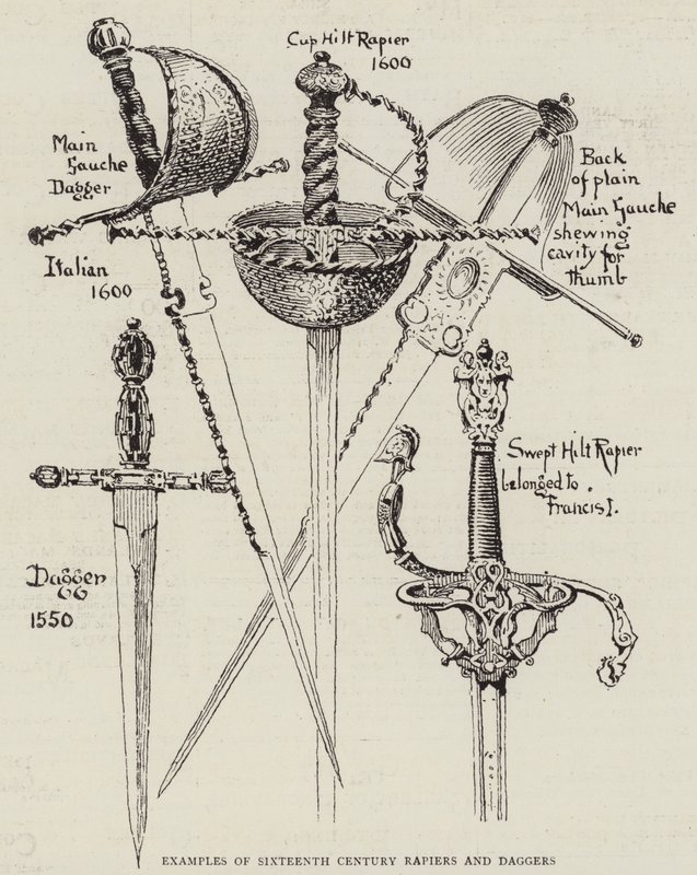 Eksempler på sekstende århundre Rapiers and Daggers av English School