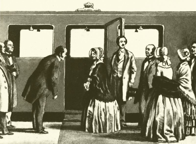 George Hudson, jernbanekongen, bøyer seg for dronning Victoria og prins Albert, som de er ca. av English School