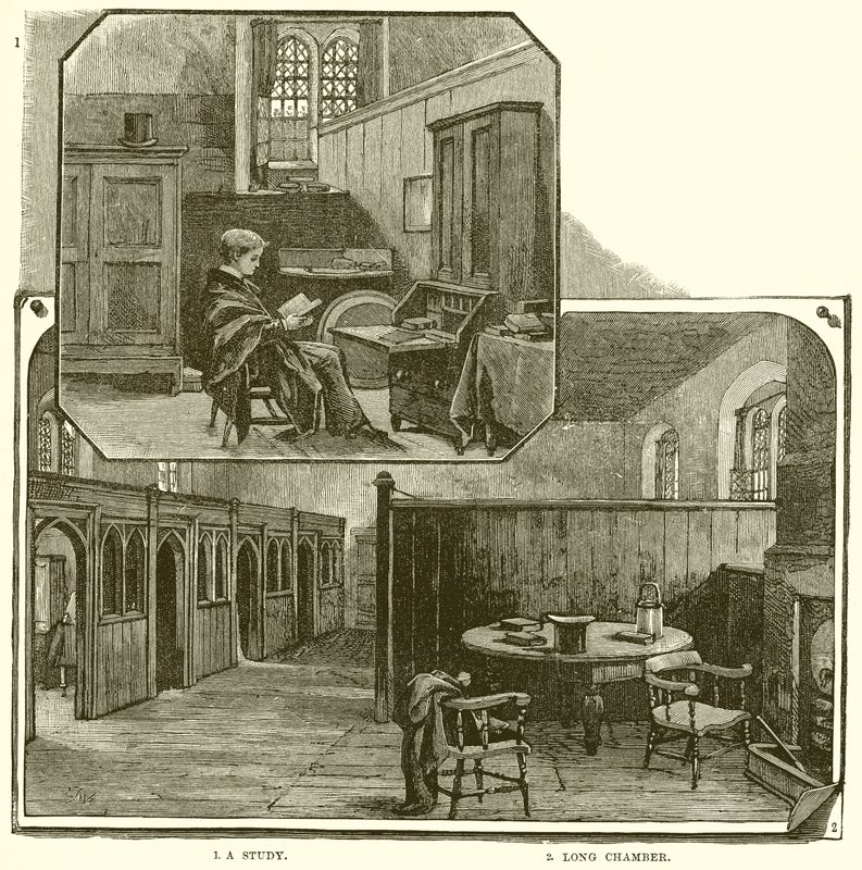 1. En studie. 2. Langkammer av English School