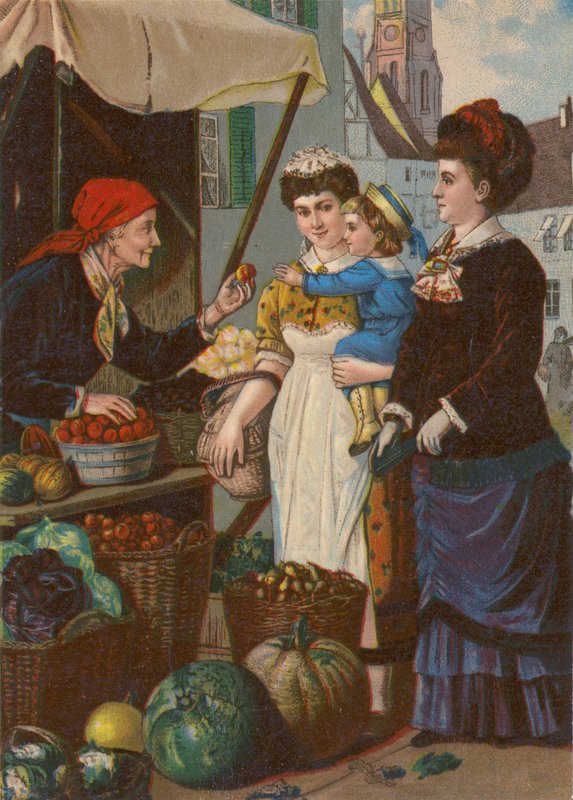 Et fransk fruktmarked (farge litho) av English School