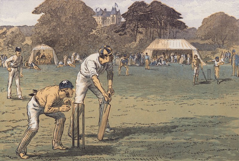 En cricketkamp (farge litho) av English School