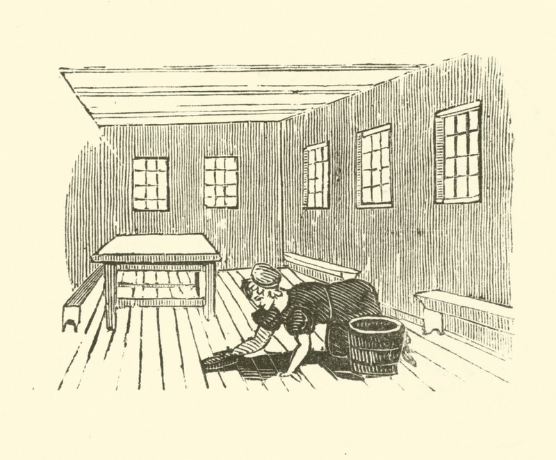 En hushjelp som skrubber gulvet (tresnitt) av English School