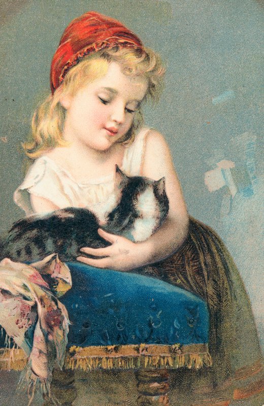 En ung jente poserer med en katt av English School
