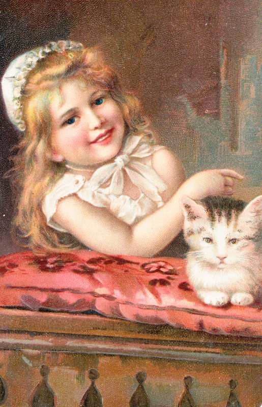 En ung jente poserer med en katt av English School