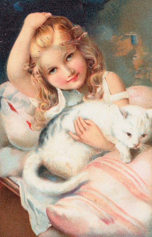 En ung jente poserer med en katt av English School