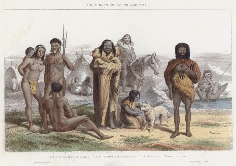 Aborigines i Sør-Amerika (farget gravering) av English School