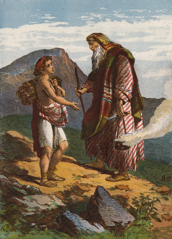 Abraham ofrer Isak (farge litho) av English School