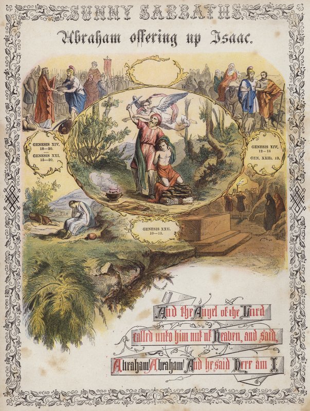 Abraham ofrer Isak (farget gravering) av English School