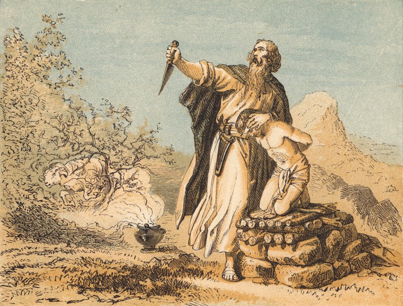 Abraham ofrer Isak (farget gravering) av English School