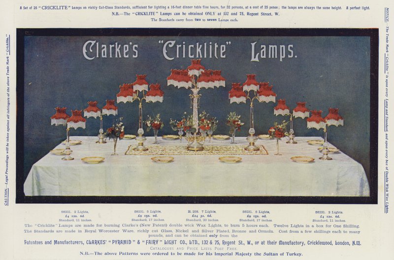 Annonse, Clarkes "Cricklite"-lamper (chromolitho) av English School