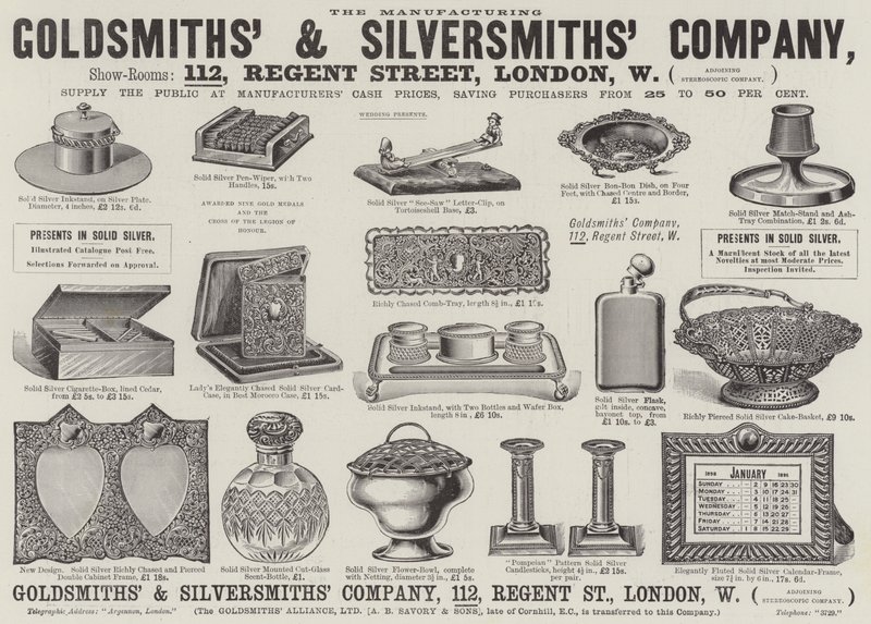 Annonse, Goldsmiths' and Silversmiths' Company (gravering) av English School
