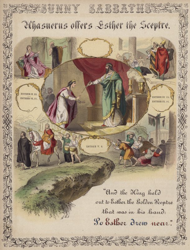 Ahasverus tilbyr Ester septeret (farget gravering) av English School