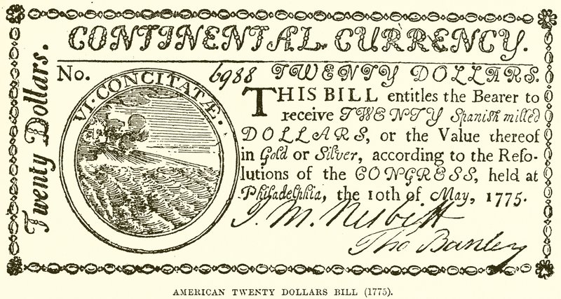 Amerikansk tjuedollarseddel (1775) av English School