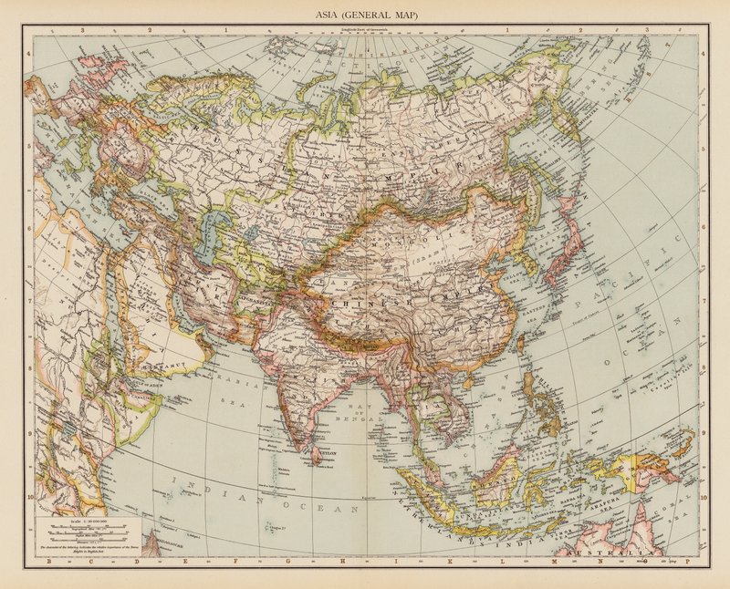 Asia, generelt kart (farge litho) av English School
