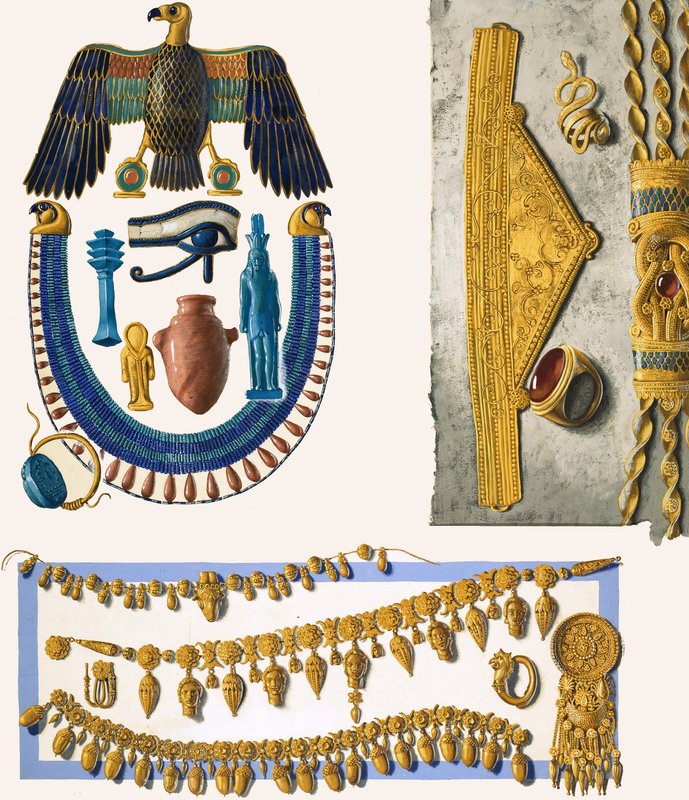 Assorterte uidentifiserte egyptiske smykker av English School