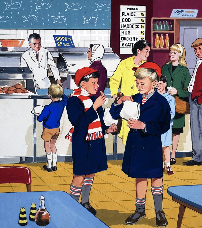 På Fish & Chips-butikken av English School