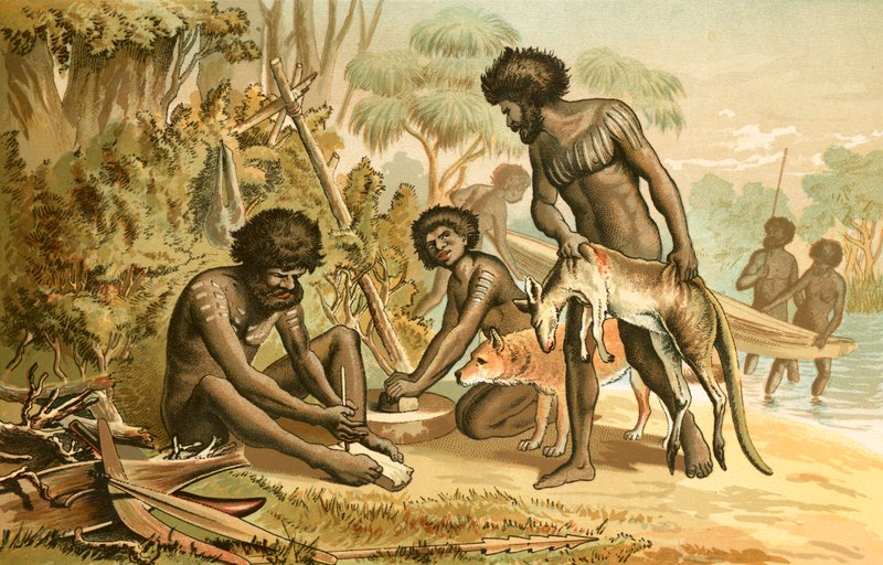 Australske aboriginer forbereder et måltid av English School