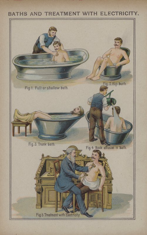 Bad og behandling med elektrisitet (farge litho) av English School