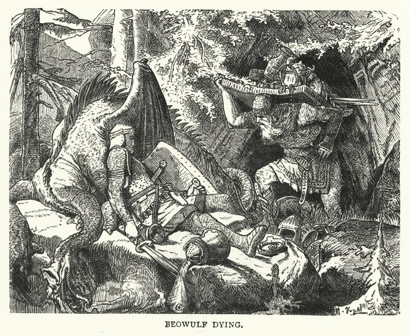 Beowulf døende (gravering) av English School