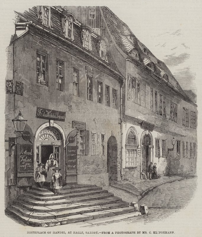Fødested til Handel, i Halle, Sachsen (gravering) av English School
