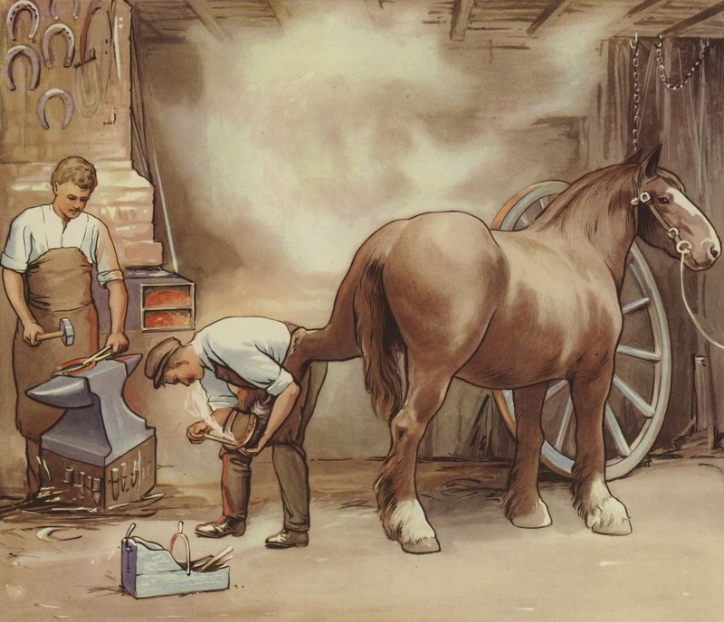 Smed som skoer en hest (farge litho) av English School