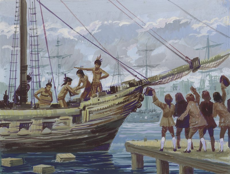 Boston Tea Party (gouache på papir) av English School