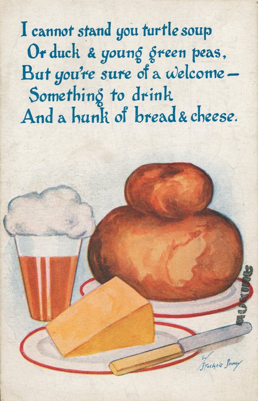 Brød, ost og øl (farge litho) av English School