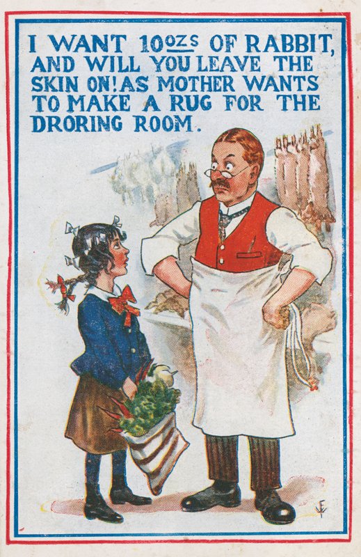 Kjøpe kanin hos slakteren (farge litho) av English School