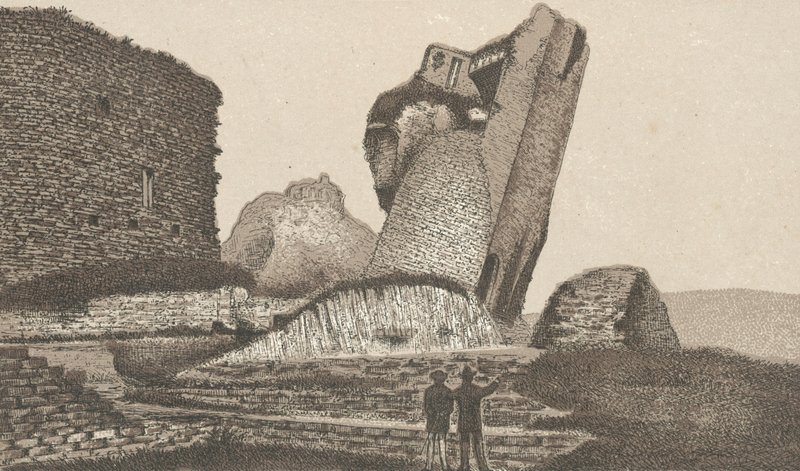 Caerphilly Castle, skjeve tårn (litho) av English School