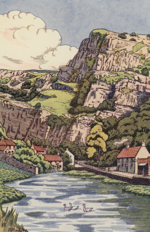 Cheddar Cliffs (farge litho) av English School