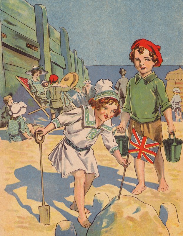Barn som bygger et sandslott (farge litho) av English School