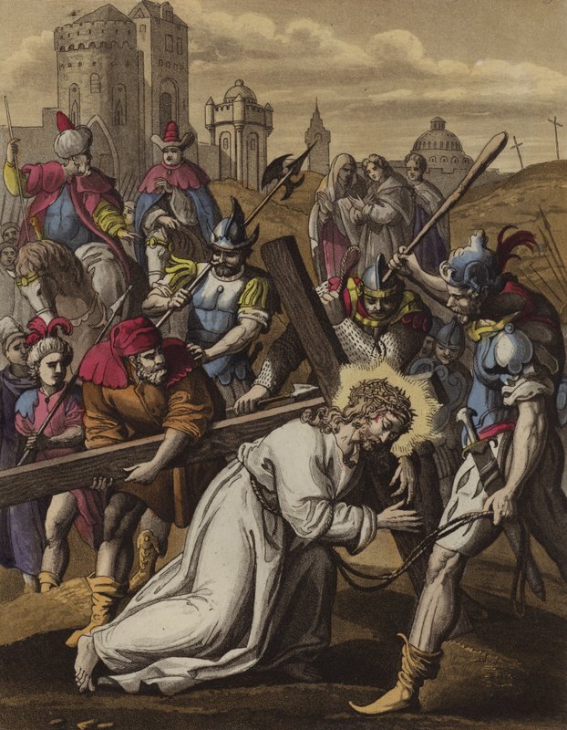 Kristus besvimer under korset (farge litho) av English School