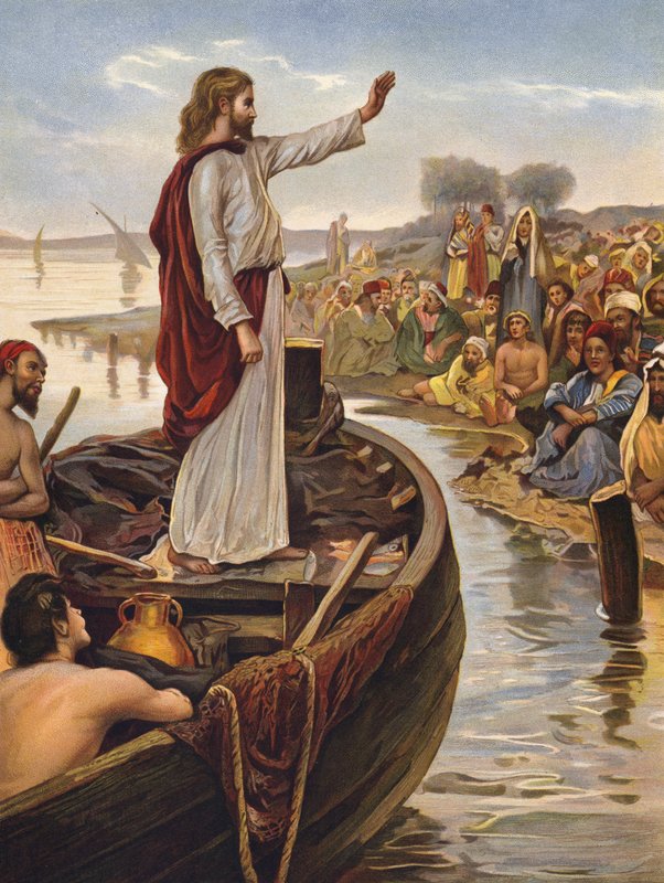 Kristus underviser ved sjøen (chromolitho) av English School