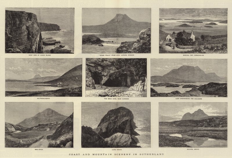 Kyst- og fjellandskap i Sutherland (gravering) av English School