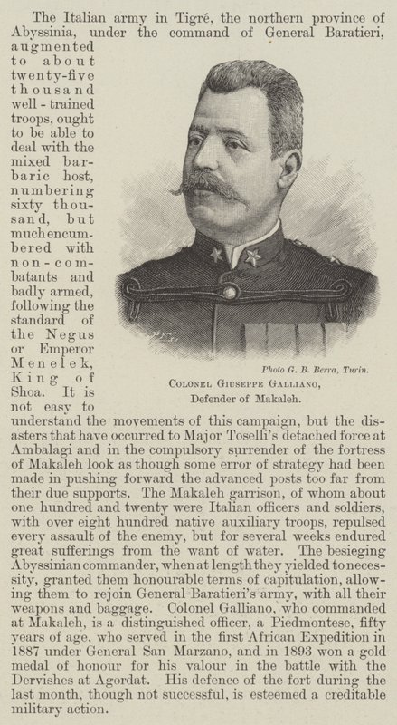 Oberst Giuseppe Galliano, forsvarer av Makaleh (gravering) av English School