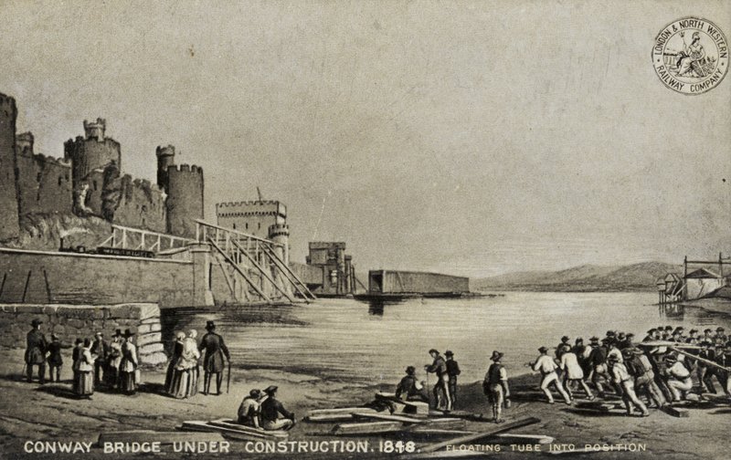 Conway Bridge under bygging, 1848 av English School
