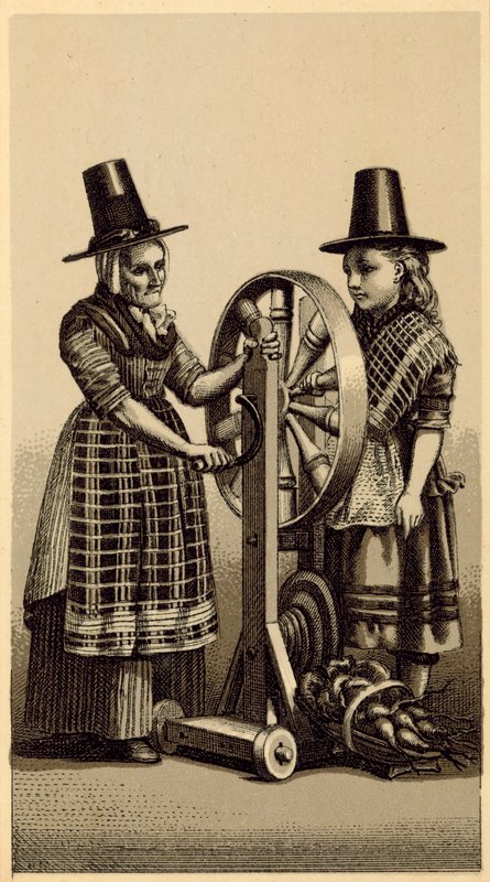Costumes of Wales: Spinning Genny (litho) av English School