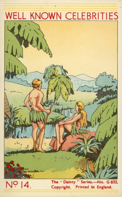Par kledd i blader (farge litho) av English School