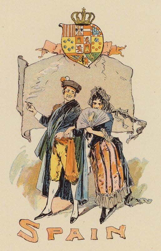 Par i spansk drakt (farge litho) av English School